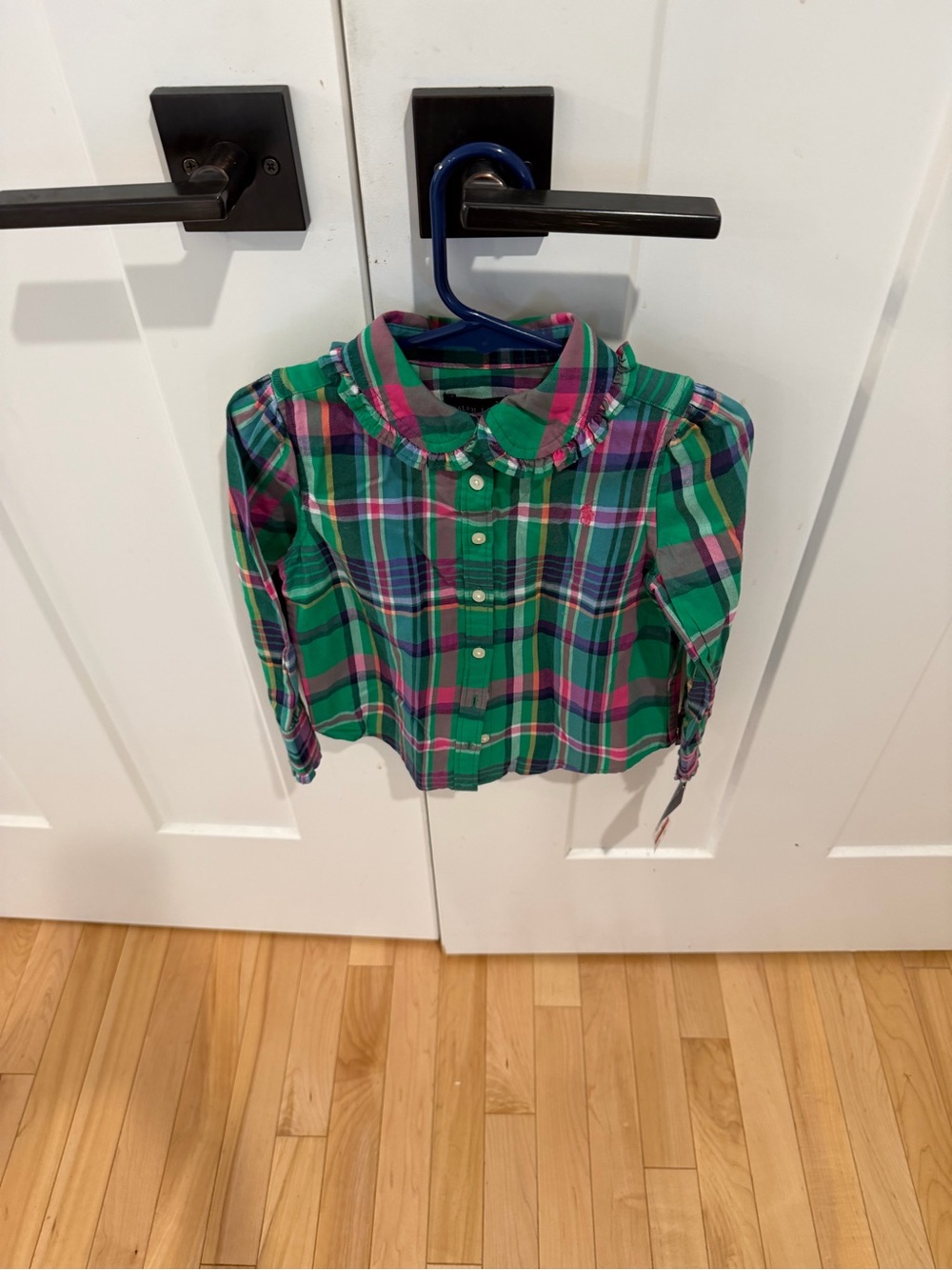 Girls' Green Plaid Button-Up Shirt with Peter Pan Collar Size 3T